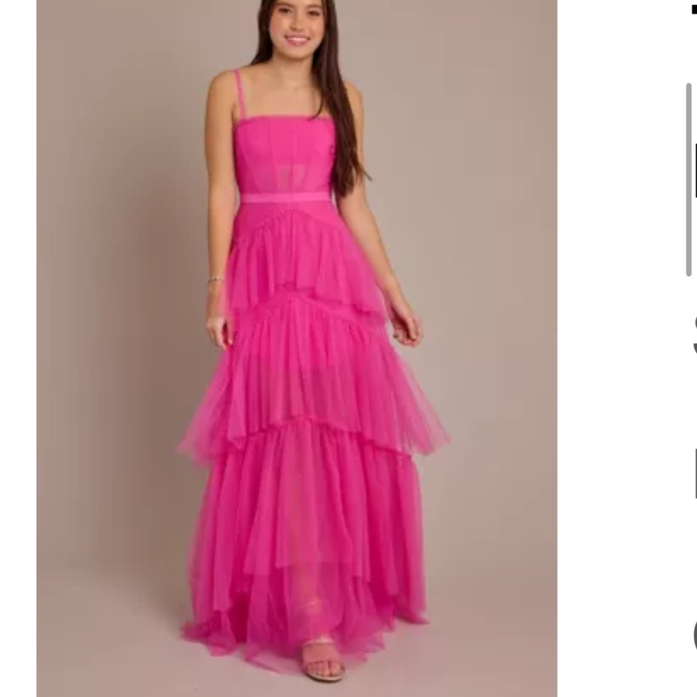 Betsy & Adam Illusion Tiered Ruffled Tulle Square Neck Mesh Sleeveless Gown